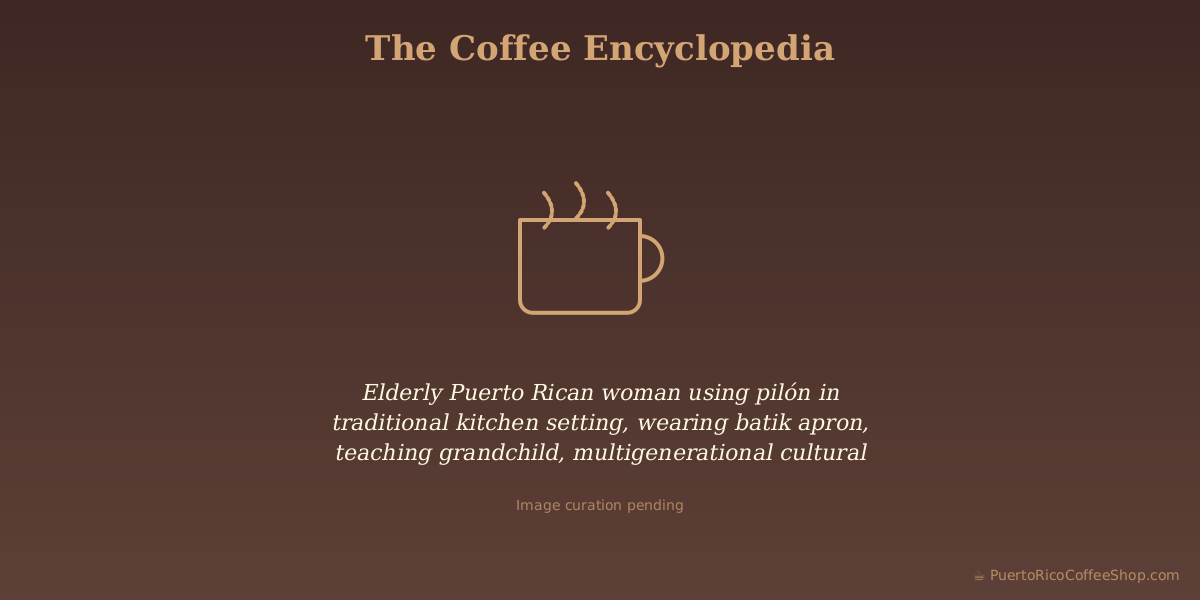 Elderly Puerto Rican woman using pilón in traditional kitchen setting, wearing batik apron, teaching grandchild, multigenerational cultural scene