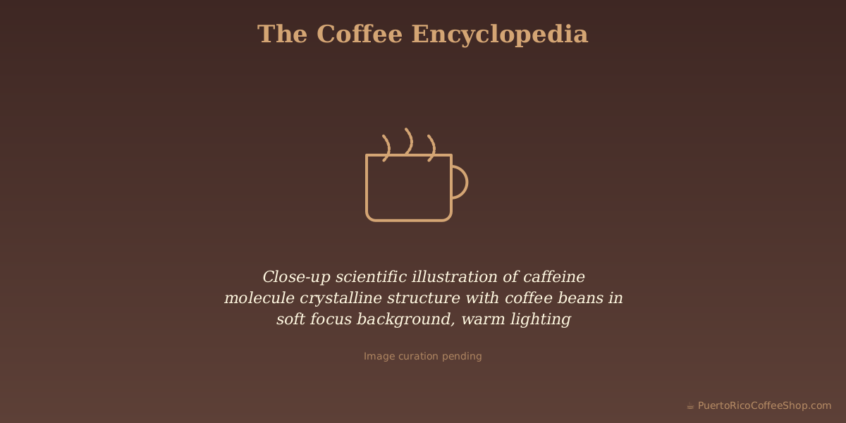 Close-up scientific illustration of caffeine molecule crystalline structure with coffee beans in soft focus background, warm lighting
