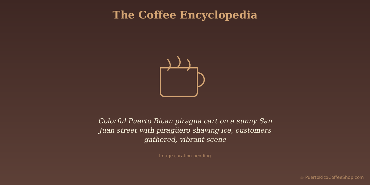 Colorful Puerto Rican piragua cart on a sunny San Juan street with piragüero shaving ice, customers gathered, vibrant scene