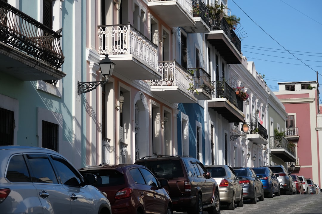 Old San Juan colorful colonial street with cafe coffee shop