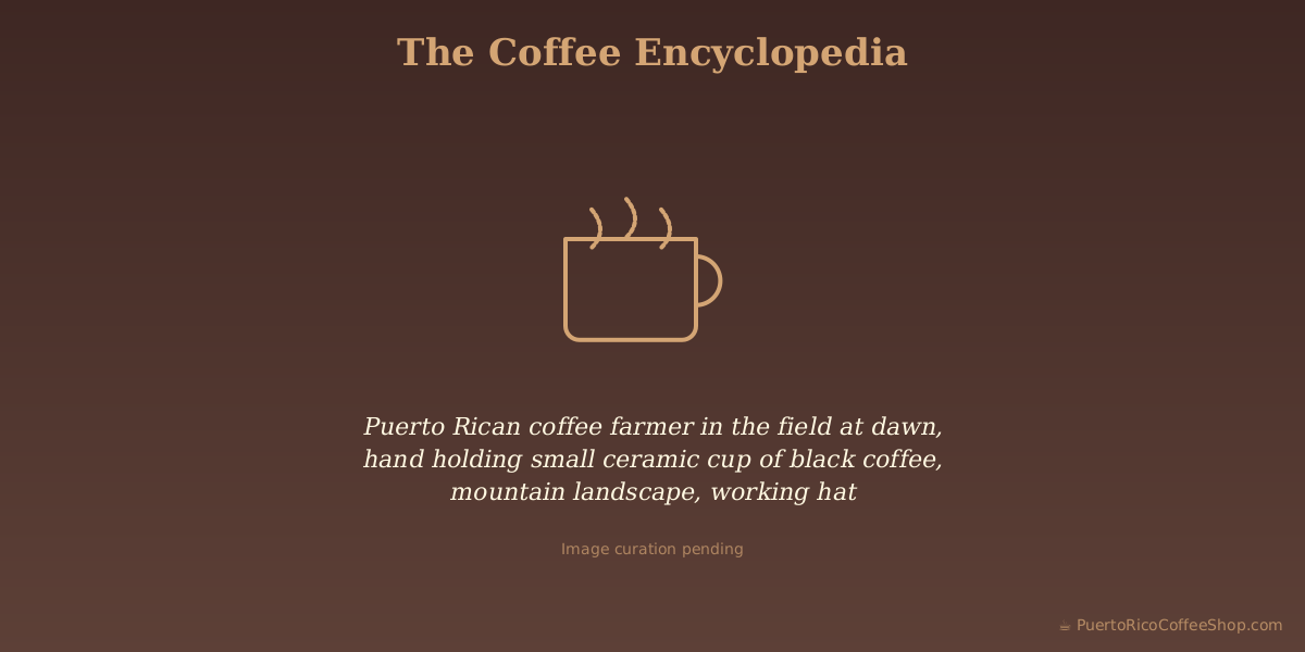 Puerto Rican coffee farmer in the field at dawn, hand holding small ceramic cup of black coffee, mountain landscape, working hat