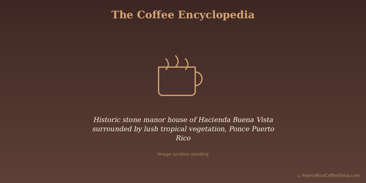 Historic stone manor house of Hacienda Buena Vista surrounded by lush tropical vegetation, Ponce Puerto Rico