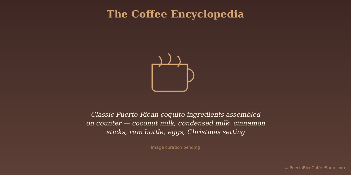 Classic Puerto Rican coquito ingredients assembled on counter — coconut milk, condensed milk, cinnamon sticks, rum bottle, eggs, Christmas setting