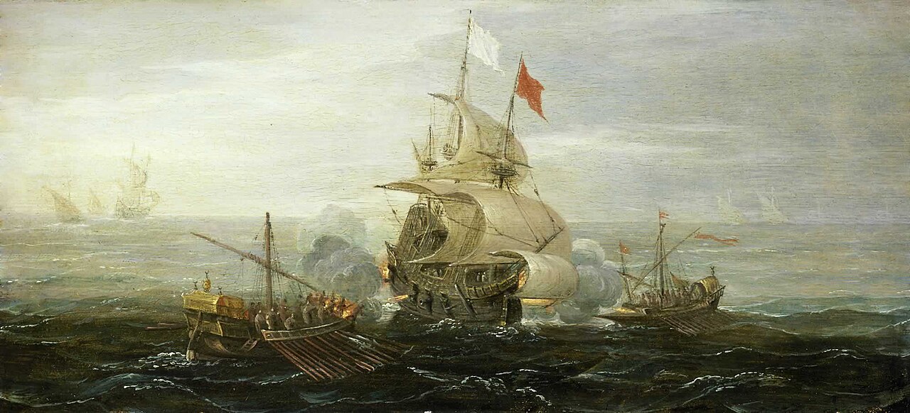 Aert Anthoniszoon, A French Ship and Barbary Pirates (c. 1615) — depicts the exact threat de Clieu's ship faced off Tunisia during his 1723 crossing. Public domain.