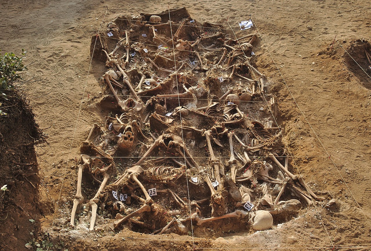 Reconstruction illustration of a Taino village in the mountains of Puerto Rico before Spanish contact (Wikimedia: Spanish Civil War - Mass grave - Estépar, Burgos.jpg, CC BY-SA 4.0)