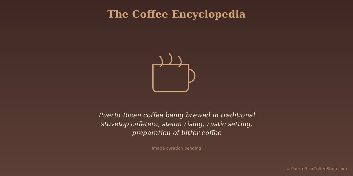 Puerto Rican coffee being brewed in traditional stovetop cafetera, steam rising, rustic setting, preparation of bitter coffee