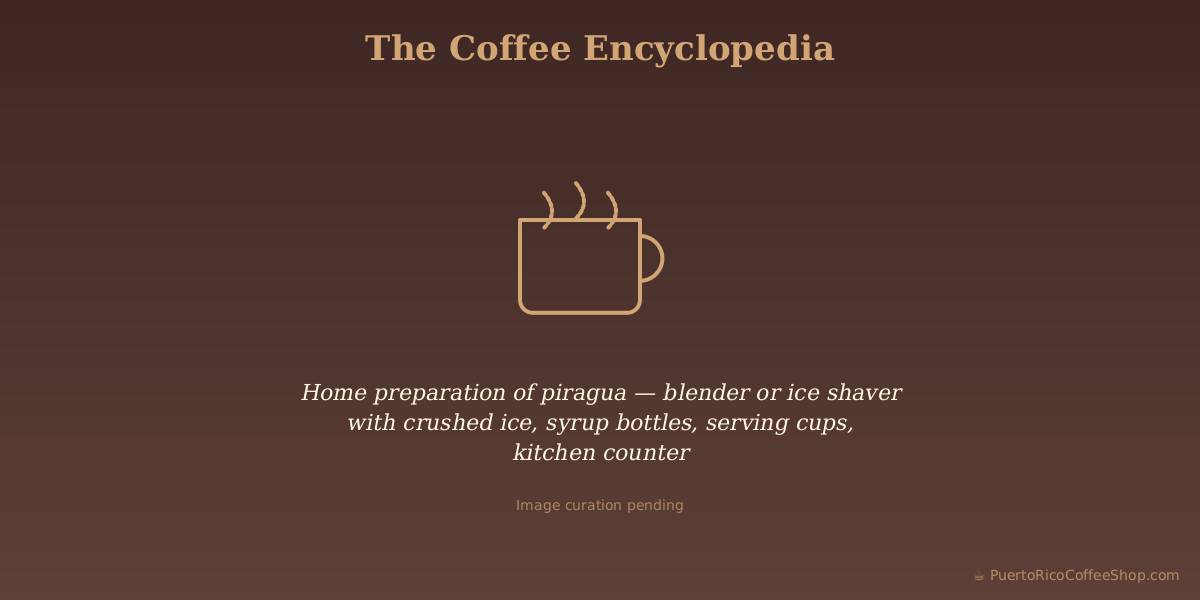 Home preparation of piragua — blender or ice shaver with crushed ice, syrup bottles, serving cups, kitchen counter