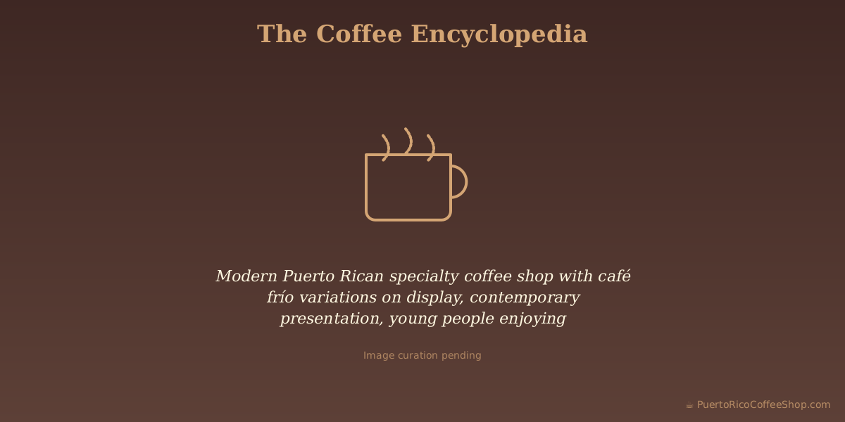 Modern Puerto Rican specialty coffee shop with café frío variations on display, contemporary presentation, young people enjoying