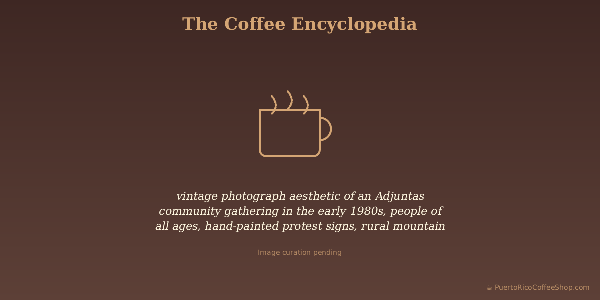 vintage photograph aesthetic of an Adjuntas community gathering in the early 1980s, people of all ages, hand-painted protest signs, rural mountain town setting