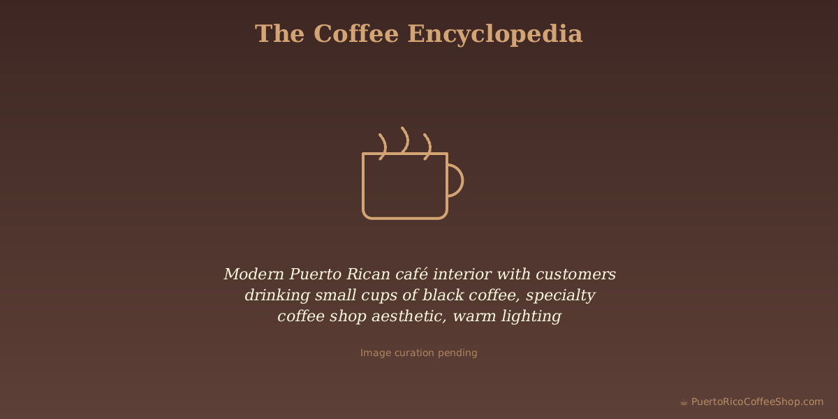 Modern Puerto Rican café interior with customers drinking small cups of black coffee, specialty coffee shop aesthetic, warm lighting