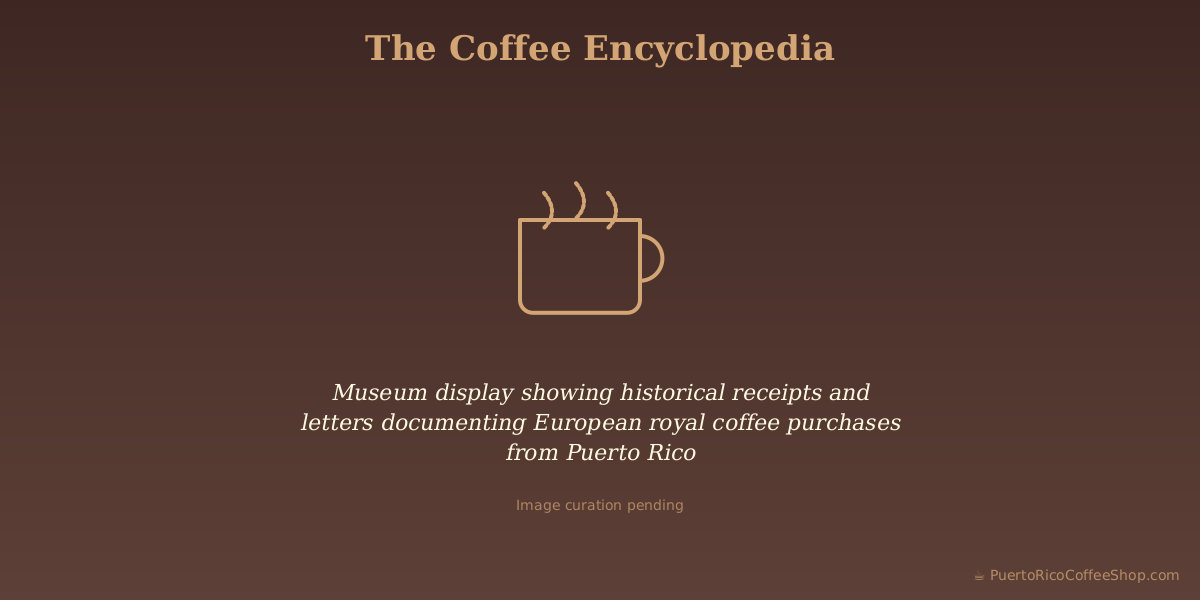 Museum display showing historical receipts and letters documenting European royal coffee purchases from Puerto Rico