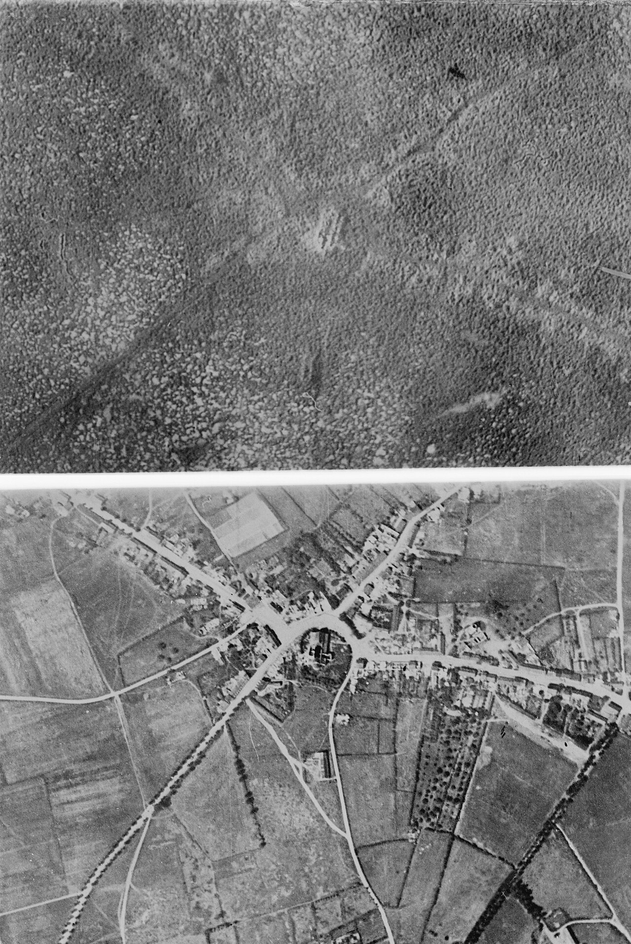 Before and after aerial photos showing Puerto Rican coffee farm condition in 2017 Maria vs 2022 Fiona (Wikimedia: Passchendaele aerial view.jpg, Public domain)