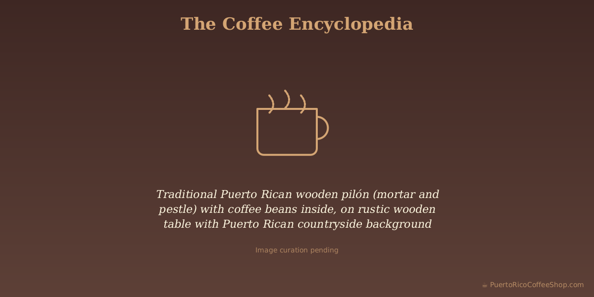 Traditional Puerto Rican wooden pilón (mortar and pestle) with coffee beans inside, on rustic wooden table with Puerto Rican countryside background