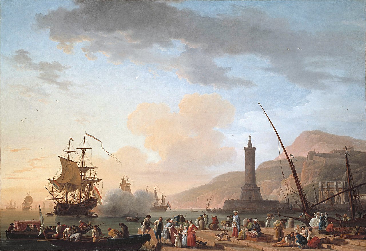 Joseph Vernet, Port at Sunset (c. 1750s) — French Royal painter of seaports; period-appropriate maritime scene of the era of de Clieu's 1723 voyage. Public domain.