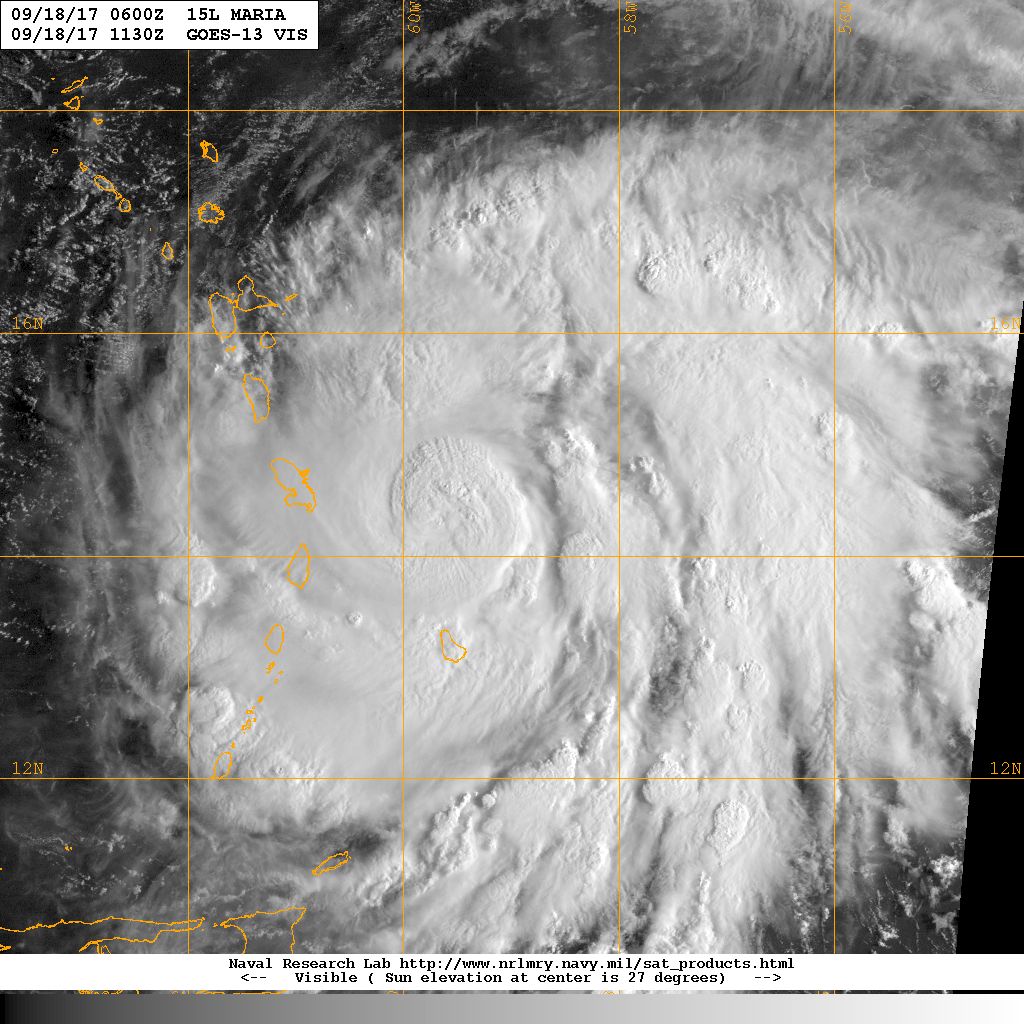 Satellite image of Hurricane Maria approaching Puerto Rico showing the massive storm system (Wikimedia: A GOES satellite image of Hurricane Maria in the Caribbean Sea. (36905931020).jp, Public domain)