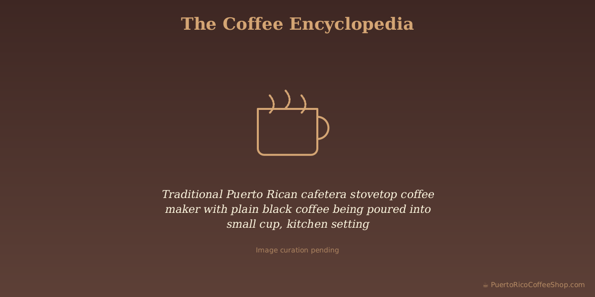 Traditional Puerto Rican cafetera stovetop coffee maker with plain black coffee being poured into small cup, kitchen setting