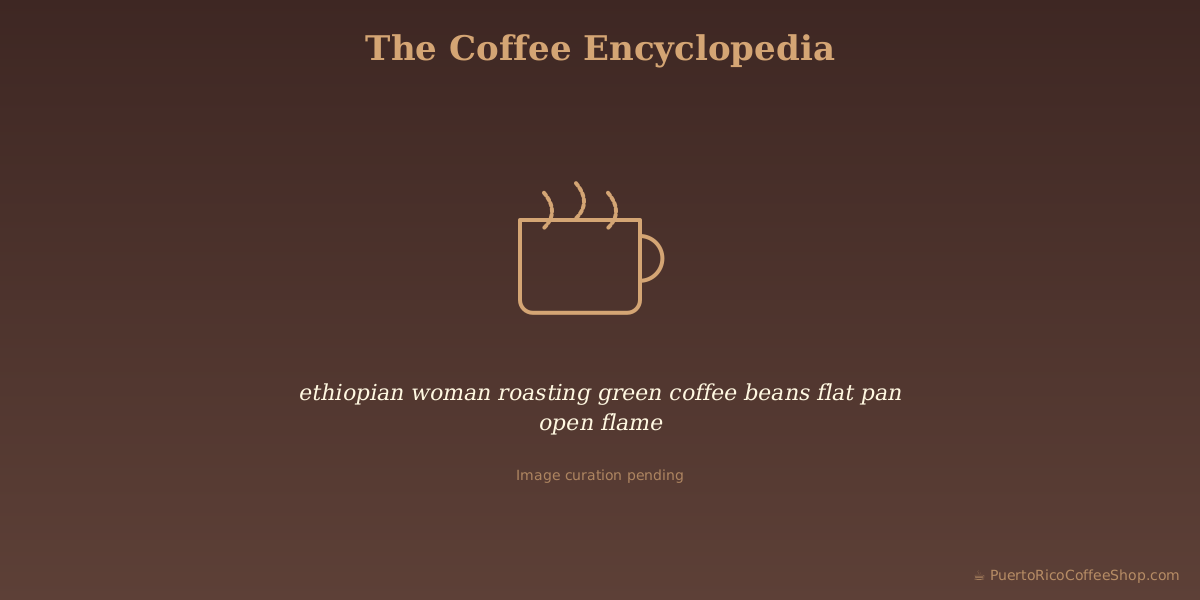 ethiopian woman roasting green coffee beans flat pan open flame