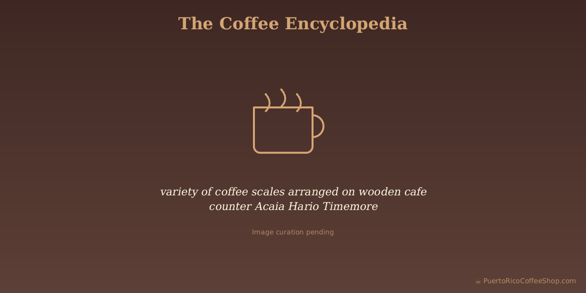 variety of coffee scales arranged on wooden cafe counter Acaia Hario Timemore