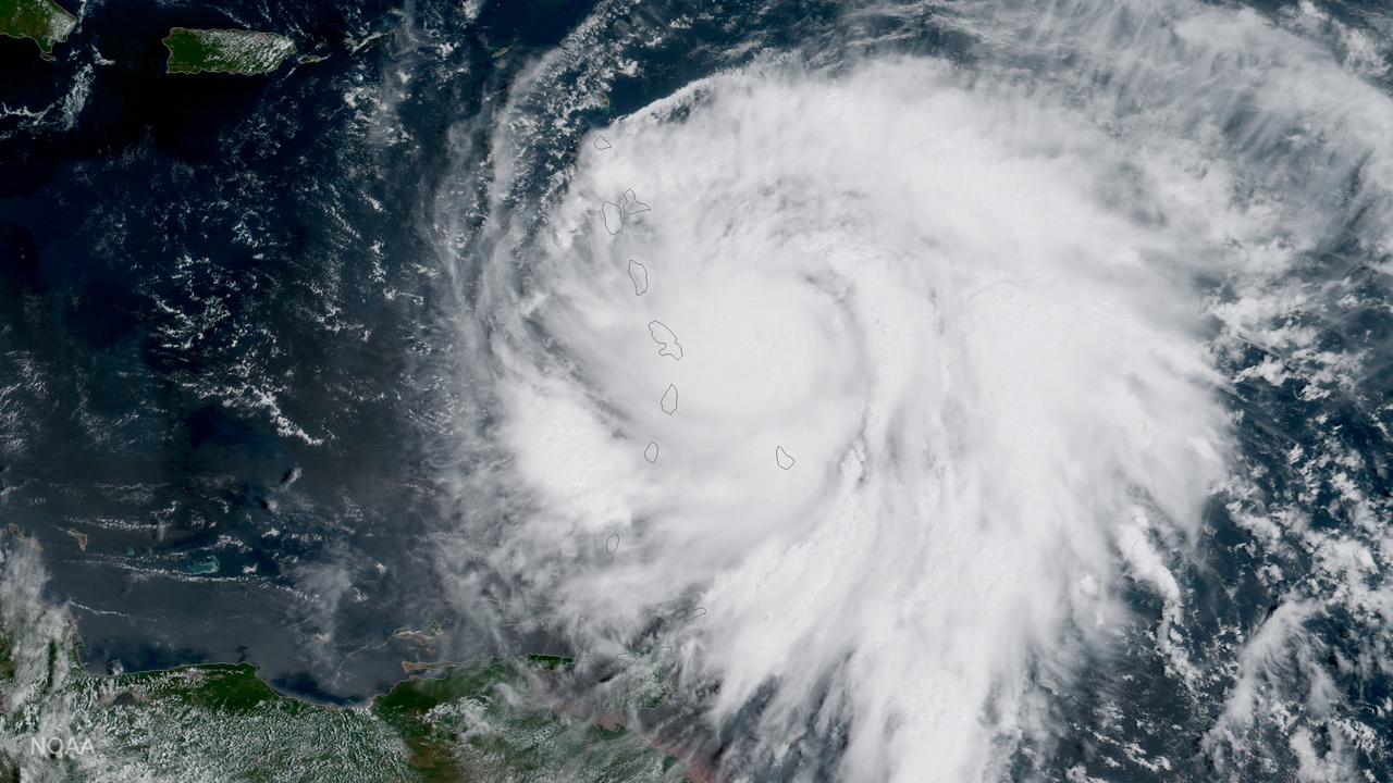 Satellite image of Hurricane Maria approaching Puerto Rico showing the massive storm system