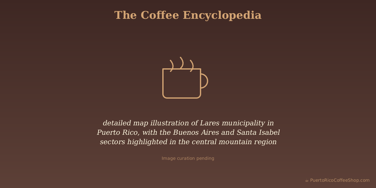 detailed map illustration of Lares municipality in Puerto Rico, with the Buenos Aires and Santa Isabel sectors highlighted in the central mountain region