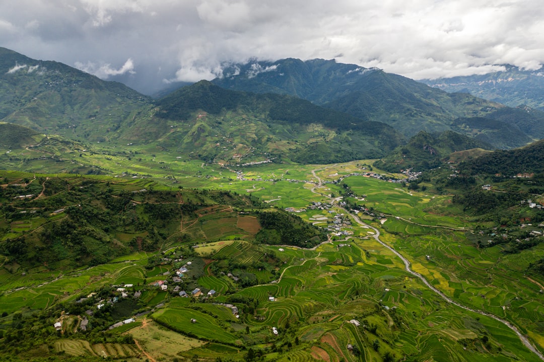 aerial view of Cordillera Central mountains in Puerto Rico, dense green coffee farms terracing the slopes, fog rolling through valleys