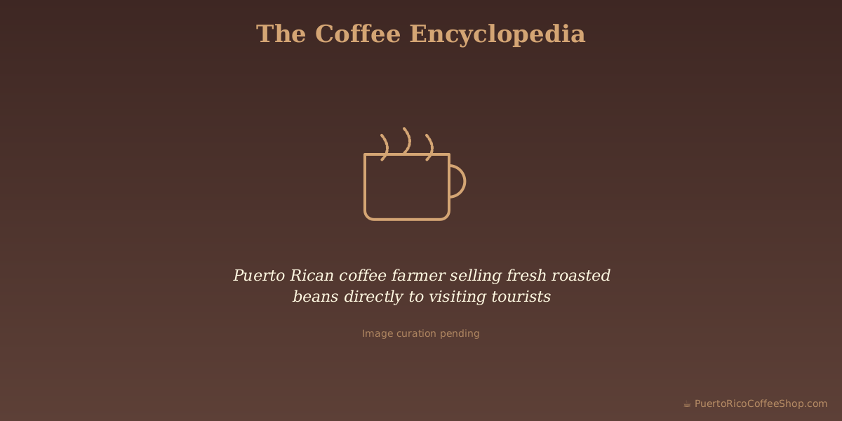 Puerto Rican coffee farmer selling fresh roasted beans directly to visiting tourists