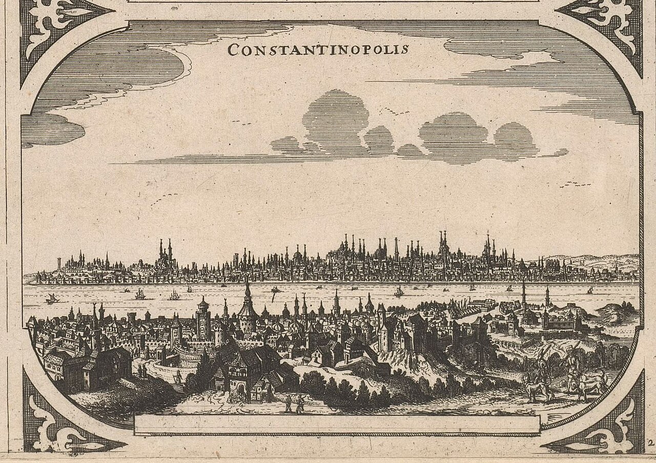 Old engraving of Istanbul skyline with mosques
