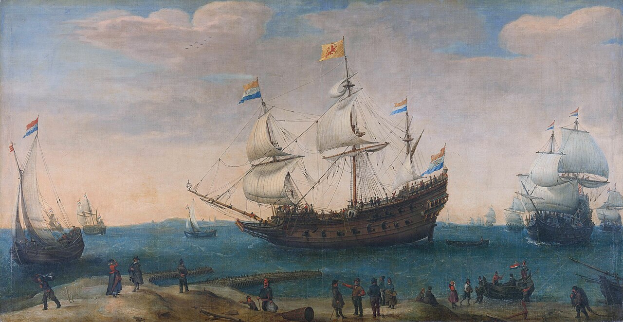 Dutch East Indiamen ships departing — VOC fleet, painting by Hendrick Cornelisz Vroom (c. 1600). Public domain.
