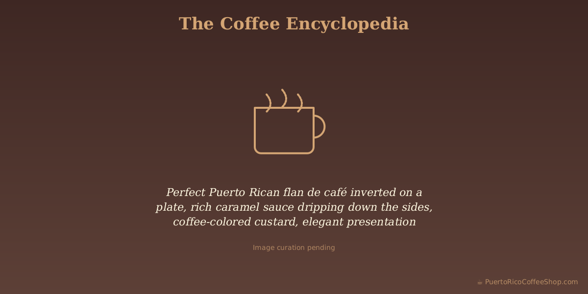 Perfect Puerto Rican flan de café inverted on a plate, rich caramel sauce dripping down the sides, coffee-colored custard, elegant presentation