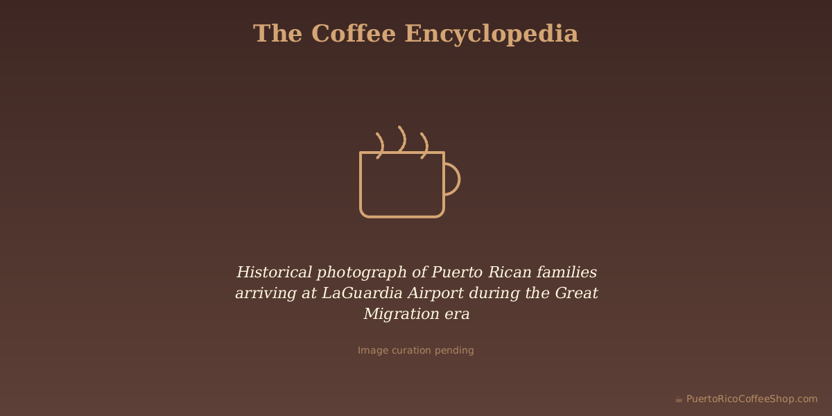 Historical photograph of Puerto Rican families arriving at LaGuardia Airport during the Great Migration era