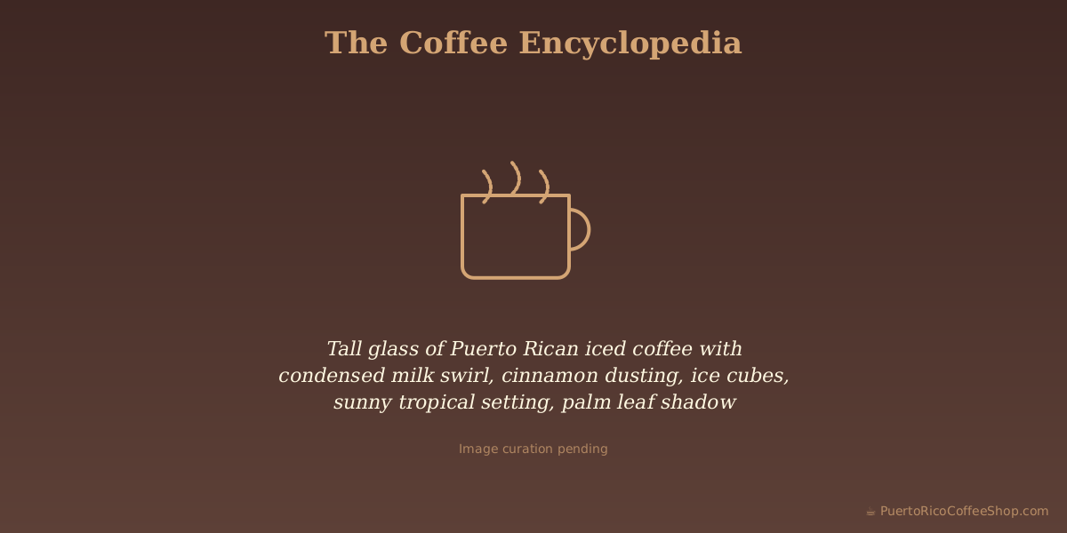 Tall glass of Puerto Rican iced coffee with condensed milk swirl, cinnamon dusting, ice cubes, sunny tropical setting, palm leaf shadow