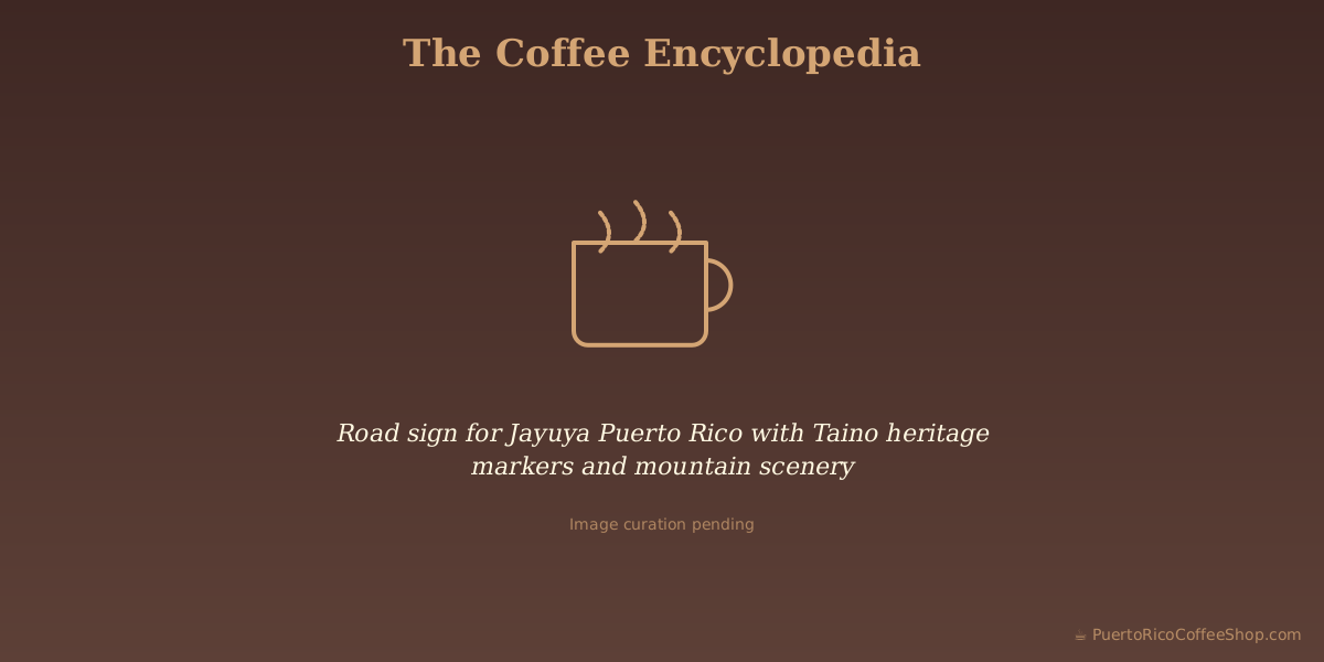 Road sign for Jayuya Puerto Rico with Taino heritage markers and mountain scenery