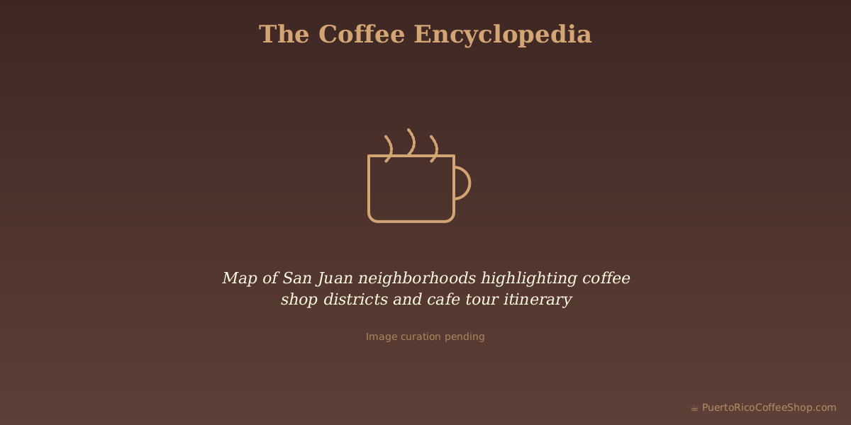 Map of San Juan neighborhoods highlighting coffee shop districts and cafe tour itinerary