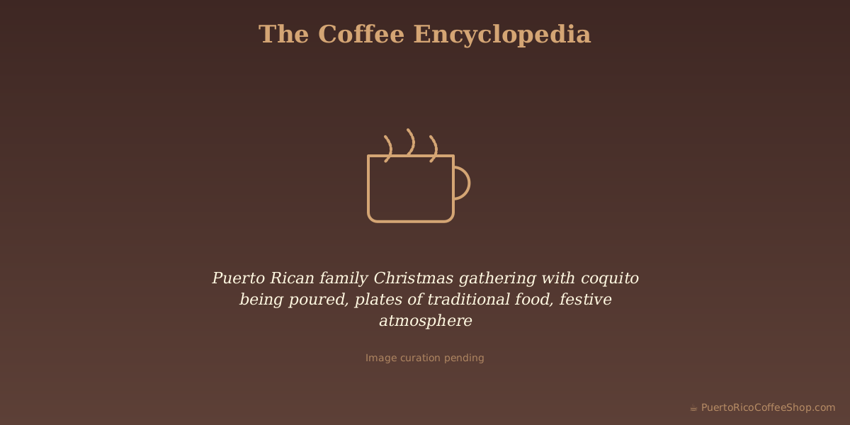 Puerto Rican family Christmas gathering with coquito being poured, plates of traditional food, festive atmosphere