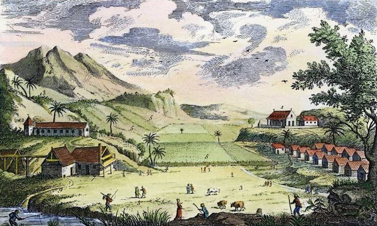 Représentation type d'une habitation sucrière aux Antilles en 1762 — a typical French Antilles colonial plantation as Martinique would have appeared a generation after de Clieu's planting. Public domain.