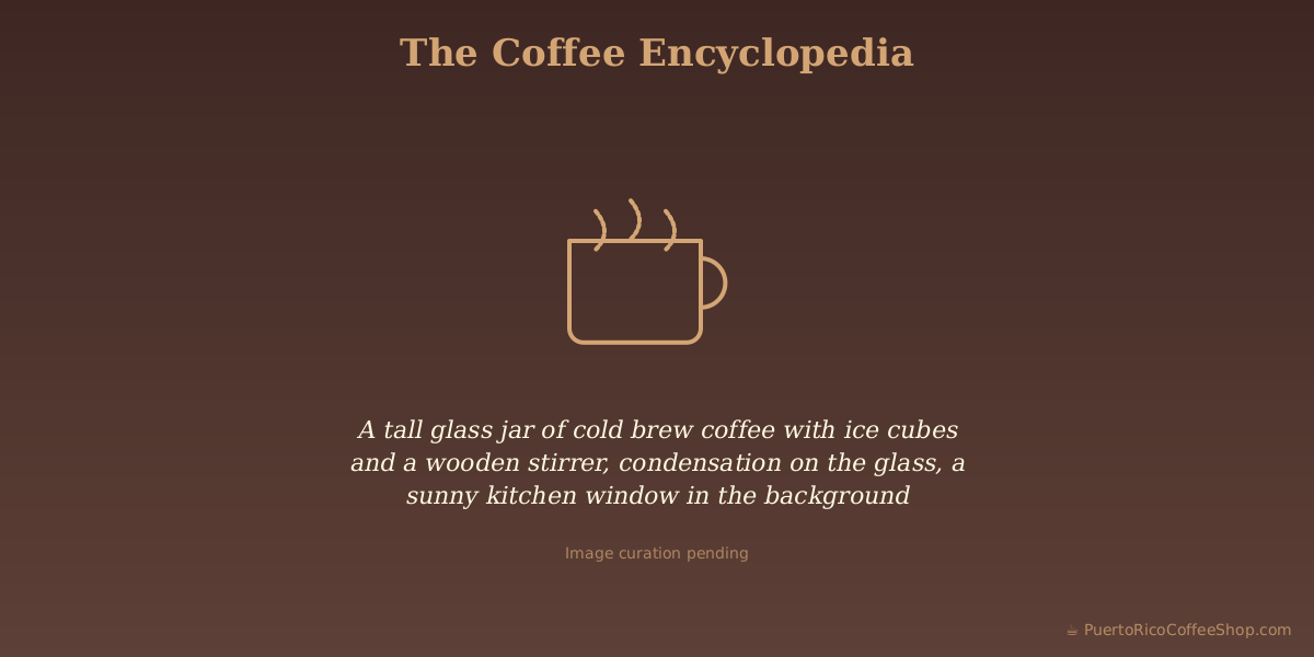 A tall glass jar of cold brew coffee with ice cubes and a wooden stirrer, condensation on the glass, a sunny kitchen window in the background