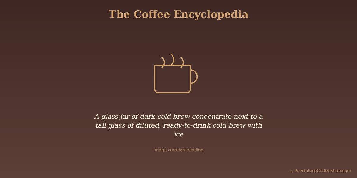 A glass jar of dark cold brew concentrate next to a tall glass of diluted, ready-to-drink cold brew with ice