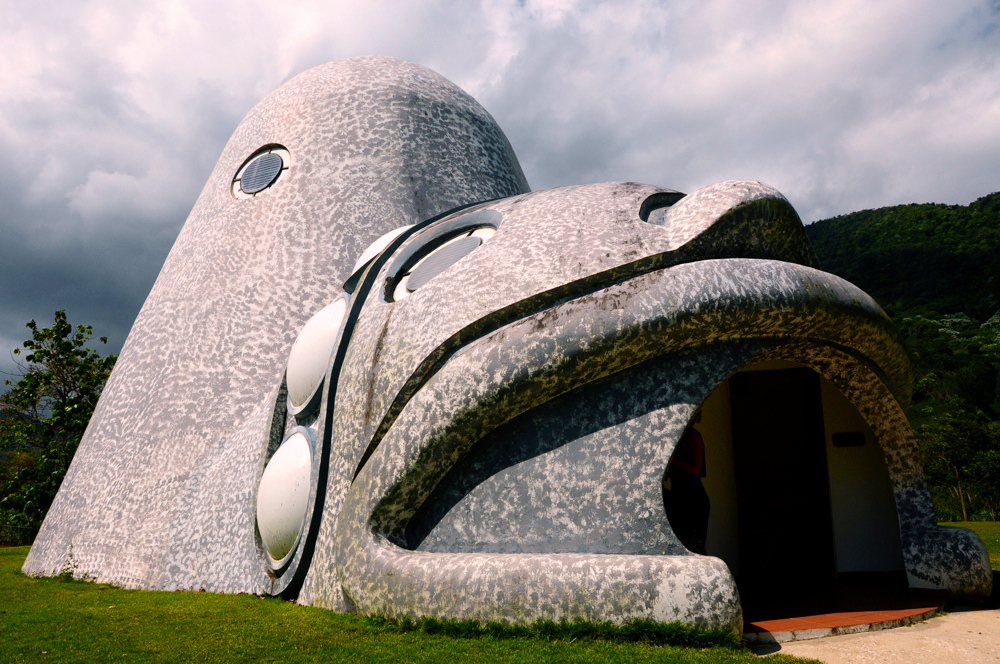 The Museo del Cemi in Barrio Coabey, Jayuya, Puerto Rico, a museum building shaped like a Taino cemi idol in the central mountains