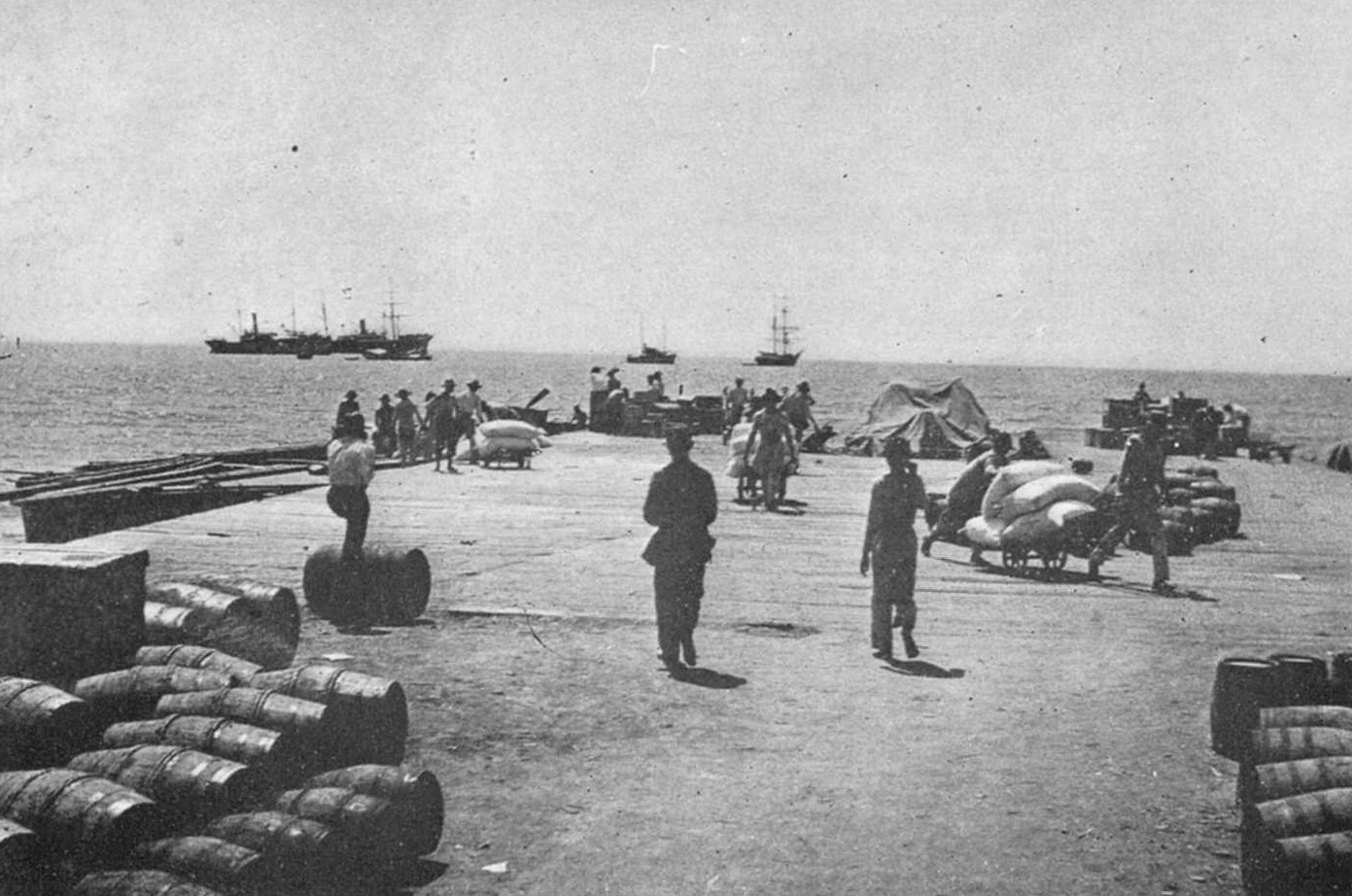 The wooden dock at Mayagüez, Puerto Rico, with cargo and shipping offshore, 1898
