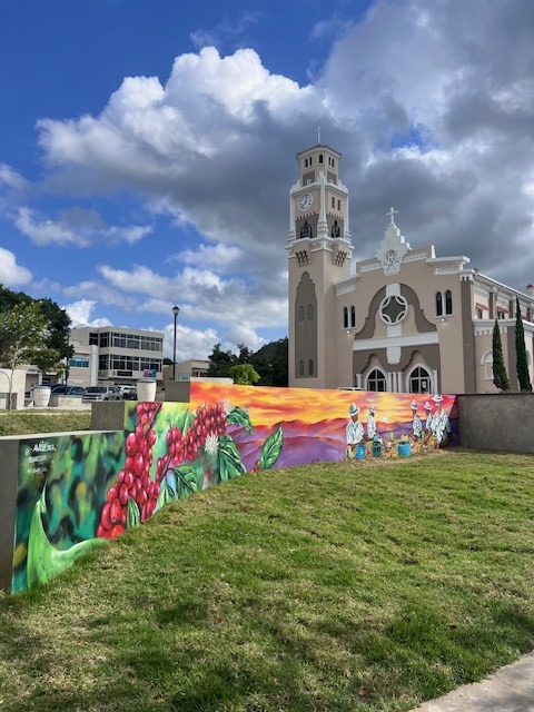 Yaucromatic mural depicting coffee cherries and coffee pickers, Yauco, Puerto Rico