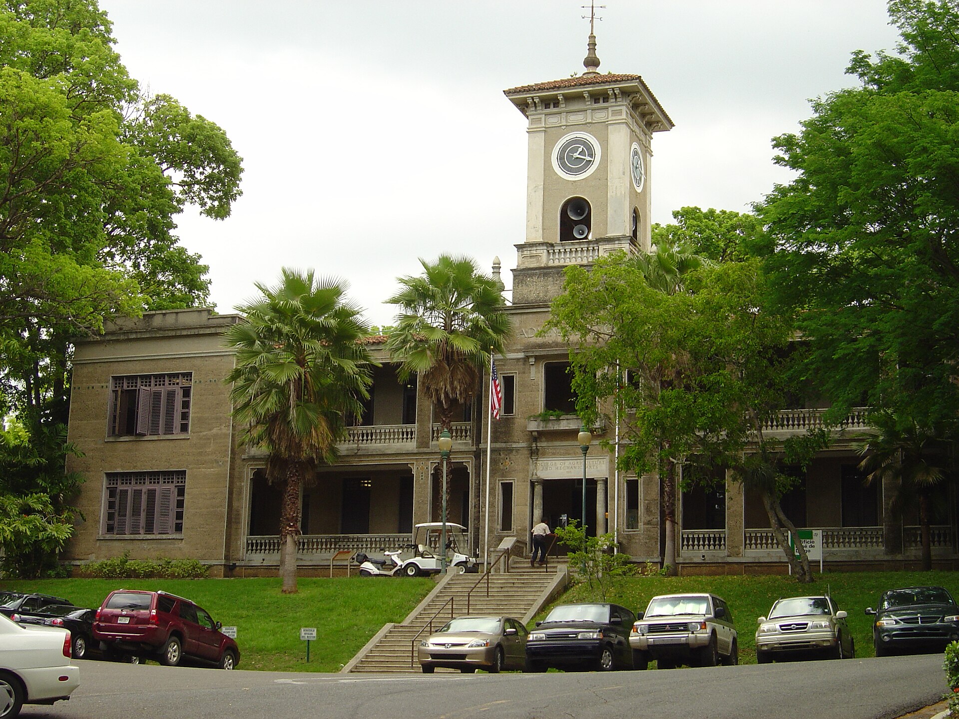 The Jose de Diego administration building at the University of Puerto Rico at Mayaguez, its portico inscribed College of Agriculture and Mechanic Arts