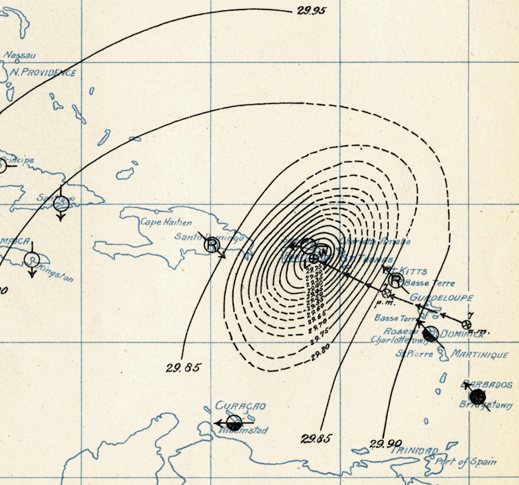 Surface weather map showing Hurricane San Ciriaco making landfall on Puerto Rico as a Category 4 storm on 8 August 1899, from the Monthly Weather Review