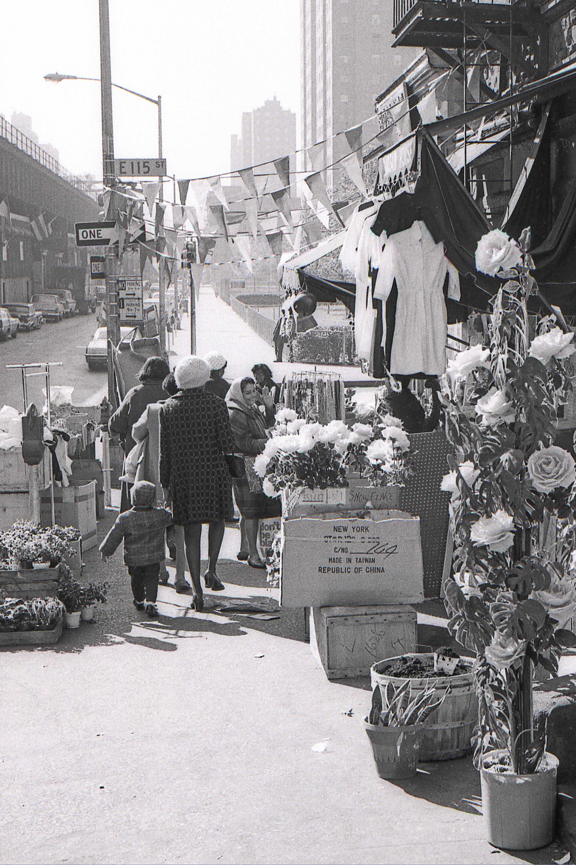 A sidewalk market on East 115th Street in East Harlem, New York, in 1969