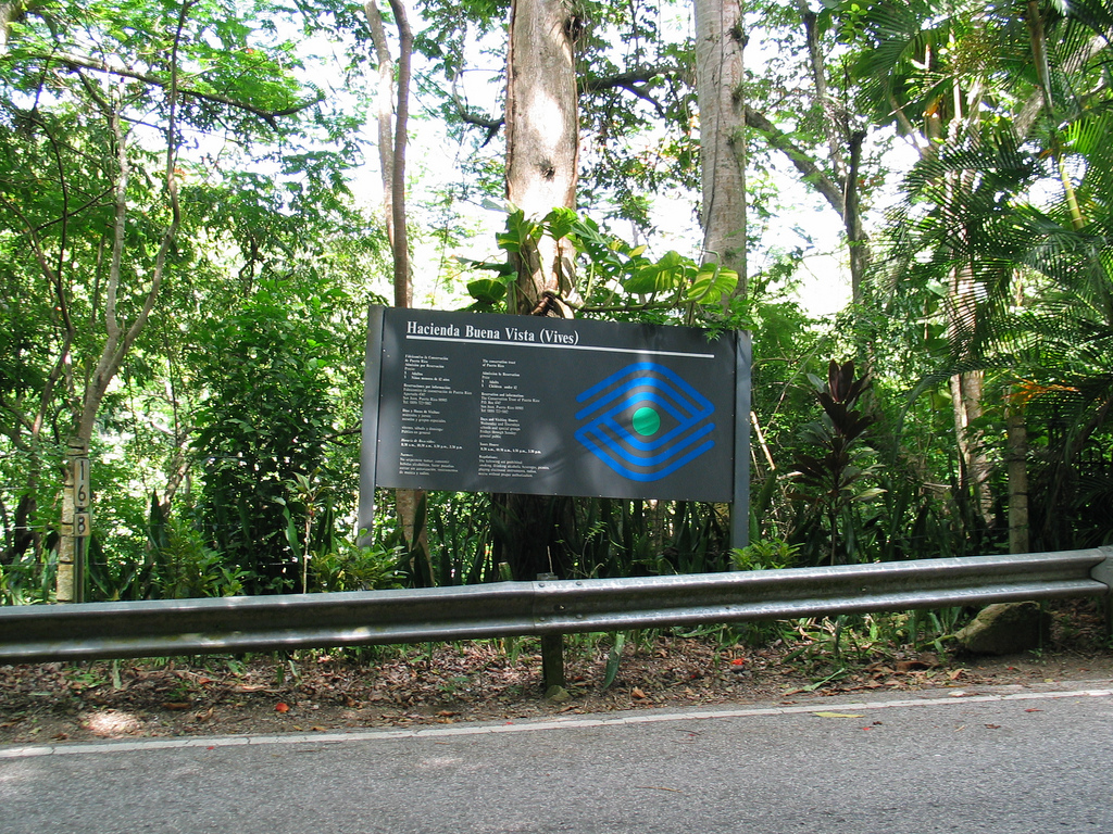 Roadside entrance sign to Hacienda Buena Vista on PR Route 10, Barrio Magueyes, Ponce