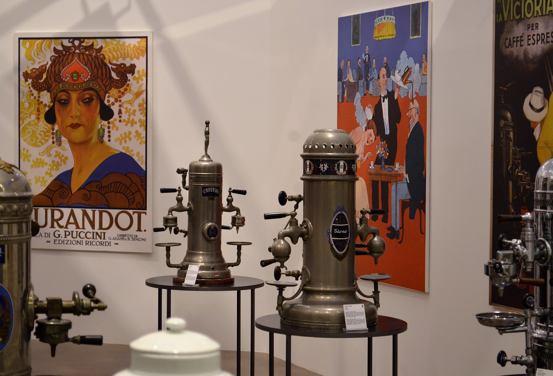 Early Italian espresso machines on display at the espresso machine museum