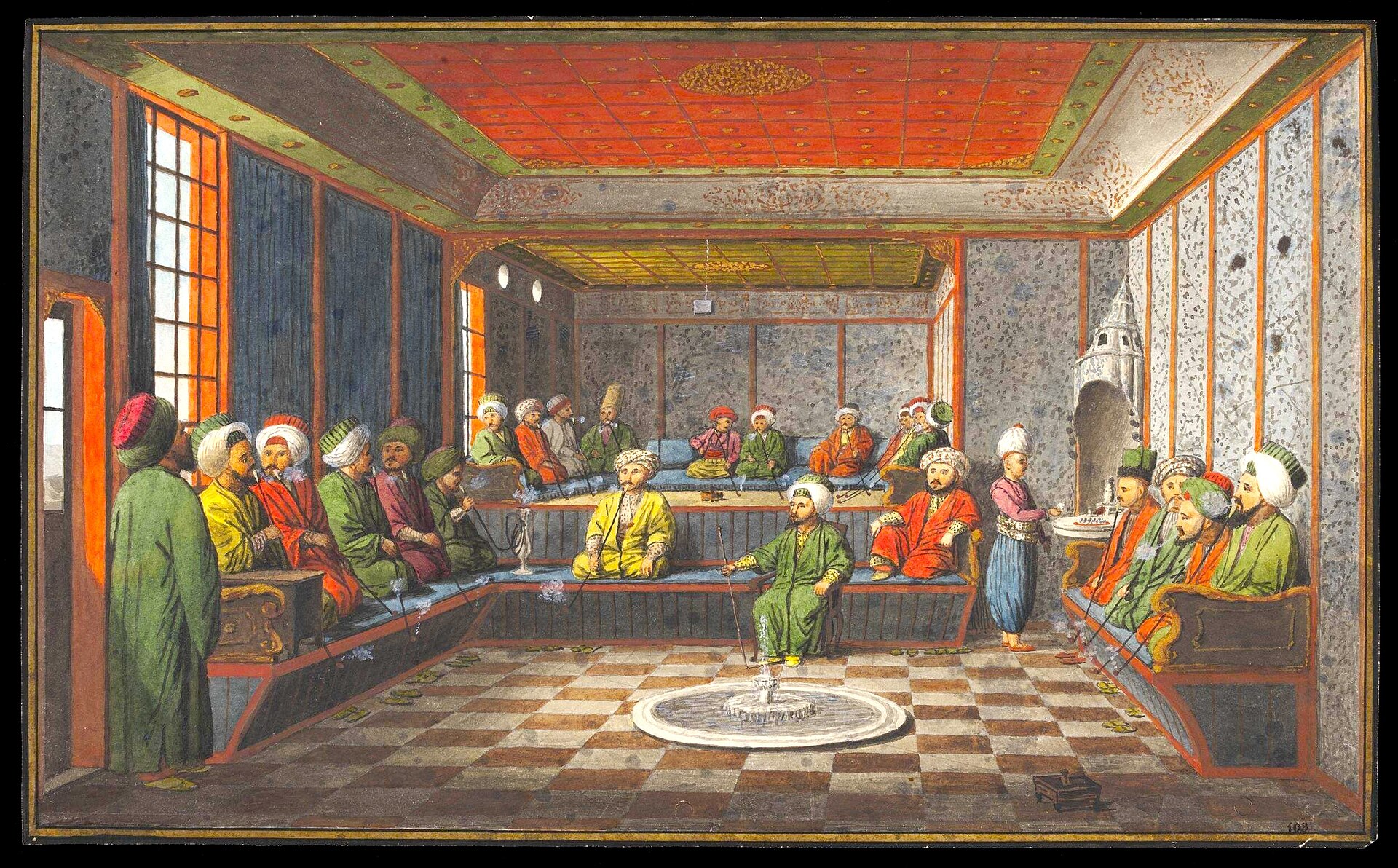 Painted interior of an Ottoman coffeehouse: men seated on benches around a central fountain while a server carries a tray of small coffee cups