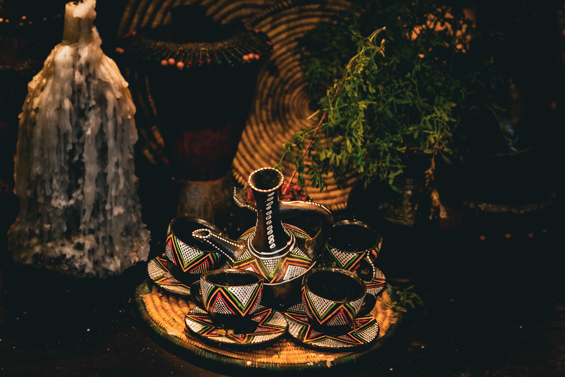 A jebena and decorated cups set for a coffee ceremony shared across Ethiopia and Eritrea