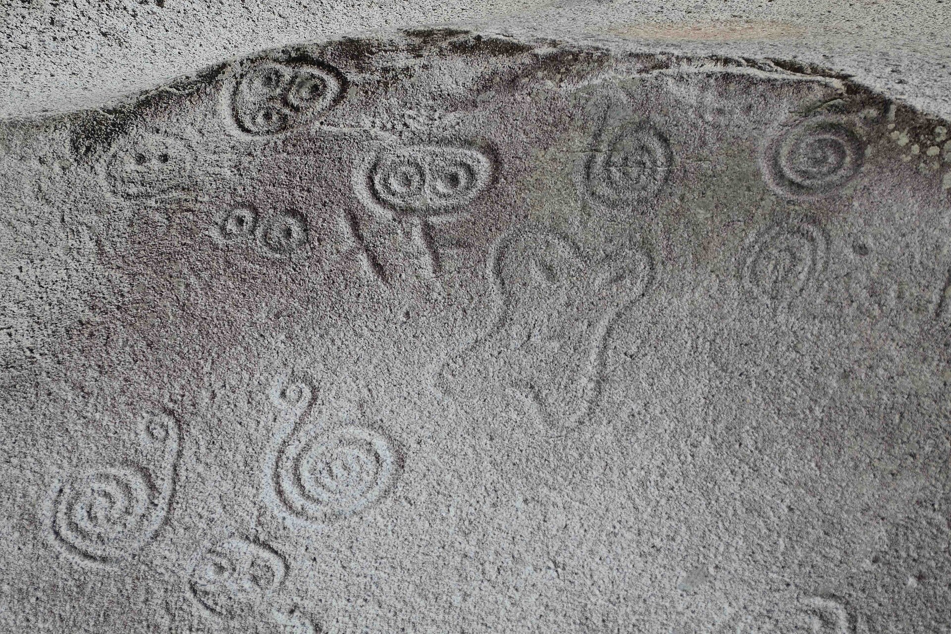 Taíno petroglyphs carved into a boulder at Río Saliente in Jayuya, Puerto Rico: faces with concentric-circle eyes and spiral motifs. These carvings are in the open at the public Piedra Escrita, not in the hacienda's collection.