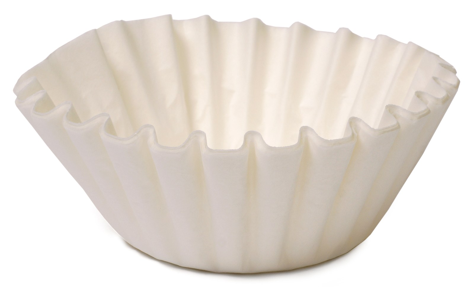 A small stack of white, fluted, flat-bottomed paper coffee filters.