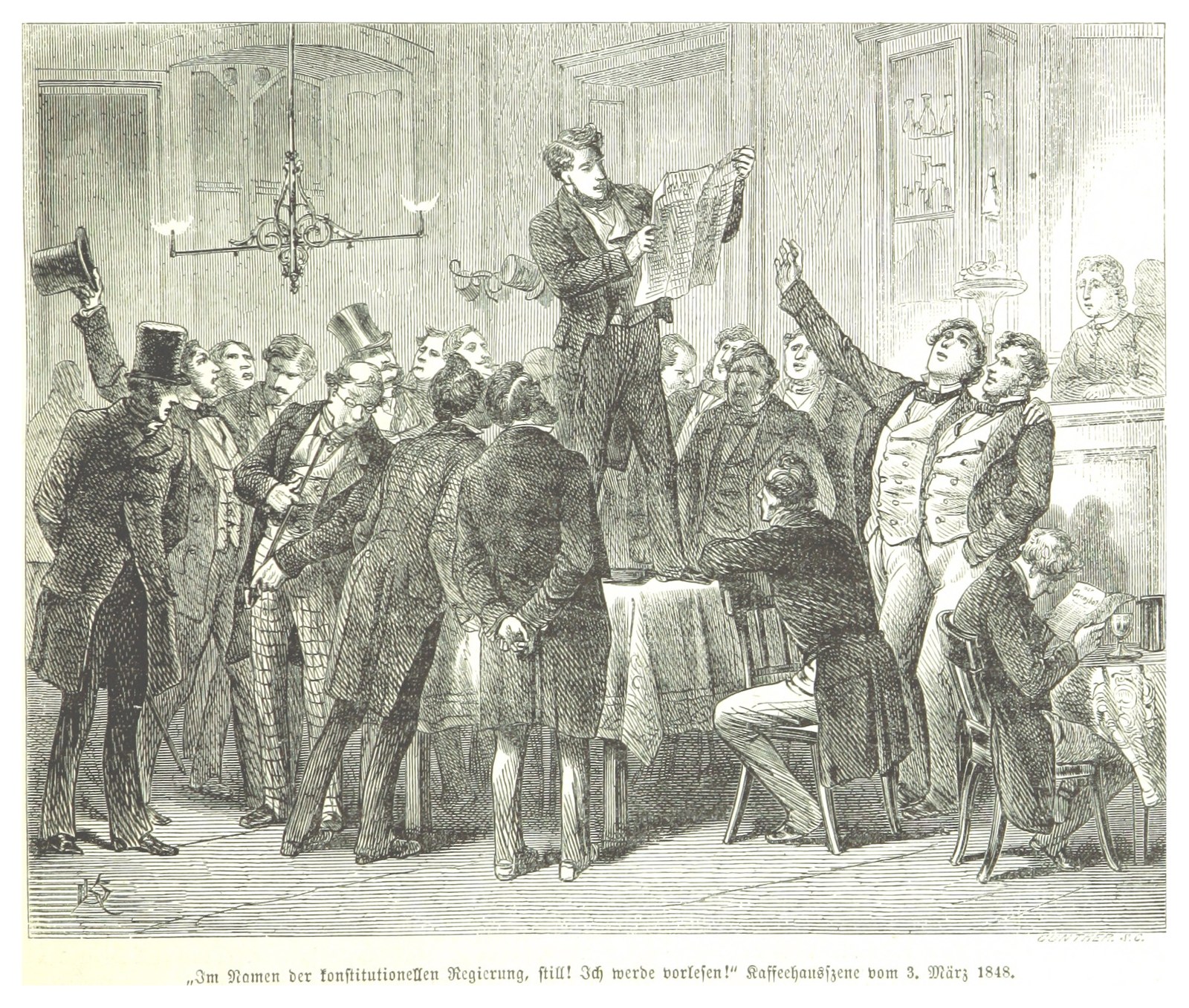 A coffeehouse scene of 3 March 1848, from a history of the Vienna revolution published in 1872.